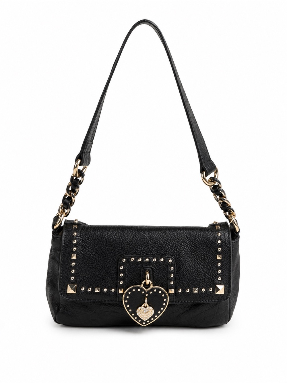 Juicy Couture Black Leather Studded Heart Lock Shoulder Bag Y2K Pink Lining